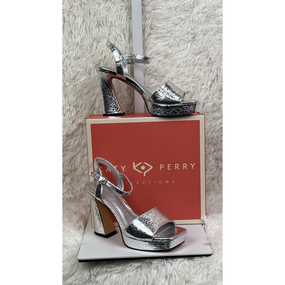 Katy Perry Metallic Silver Platform Ankle Strap Block Heel Sandals US 6 New 36EU
